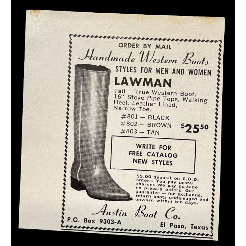 Austin Boot Co Mini Print Ad 1962 Vintage Western Lawman Boots El Paso TX